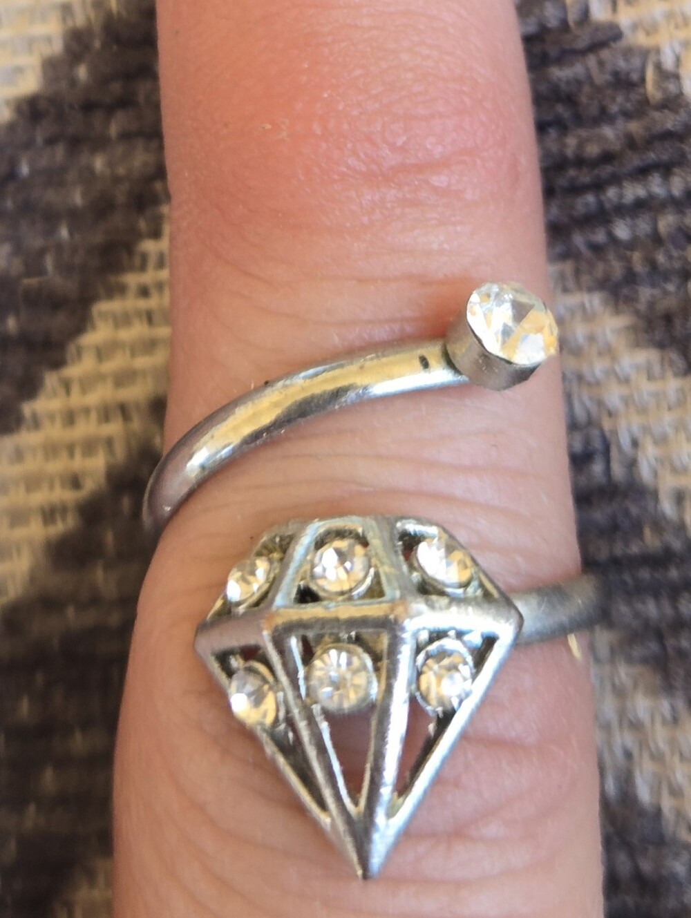 Open Trellis Silver Crystal Diamond-Shape Adjustable Ring - Women Jewelry